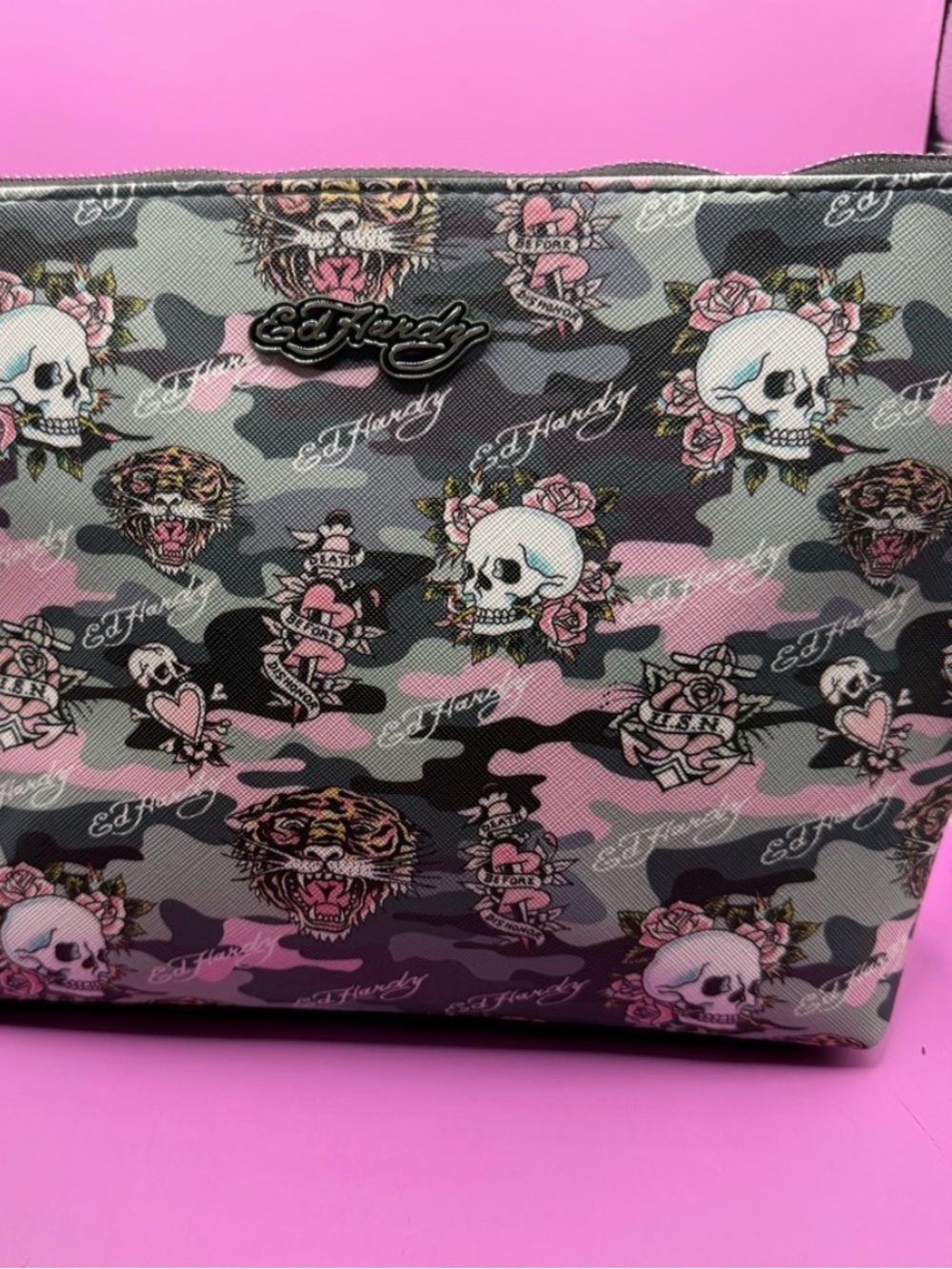 Ed Hardy Pink & Gray Camo Skull Cosmetic Bag